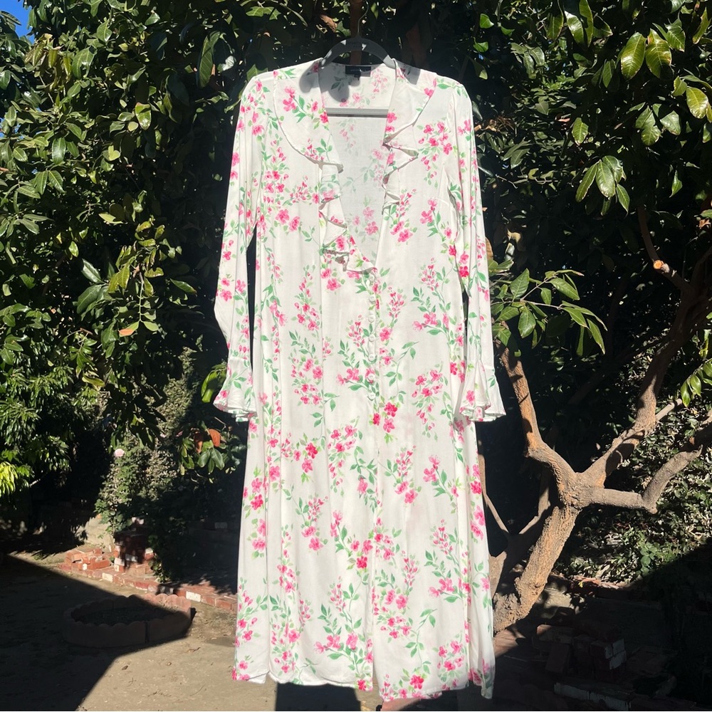 MAJORELLE revolve white floral ruffle wrap style long sleeve bell midi dress